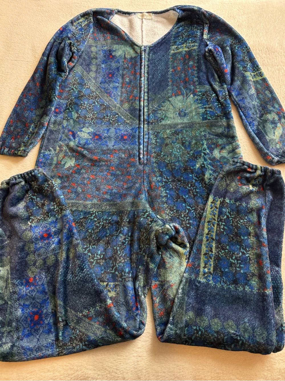 Natural Life Blue Patchwork Floral Fleece One Piece Pajama Jumpsuit Small - Picture 8 of 9